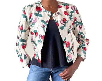Susan Crofts Silk Jacket - Schiaparelli Style Roses Print -Vintage - S / UK 10