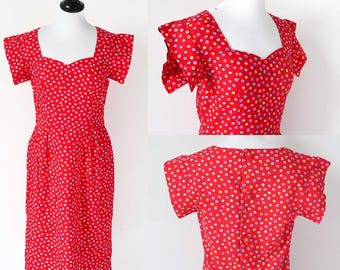 Röd prickig sommarklänning i bomull från vintage - figurnära modell från 1940-talet - Small / UK 10
