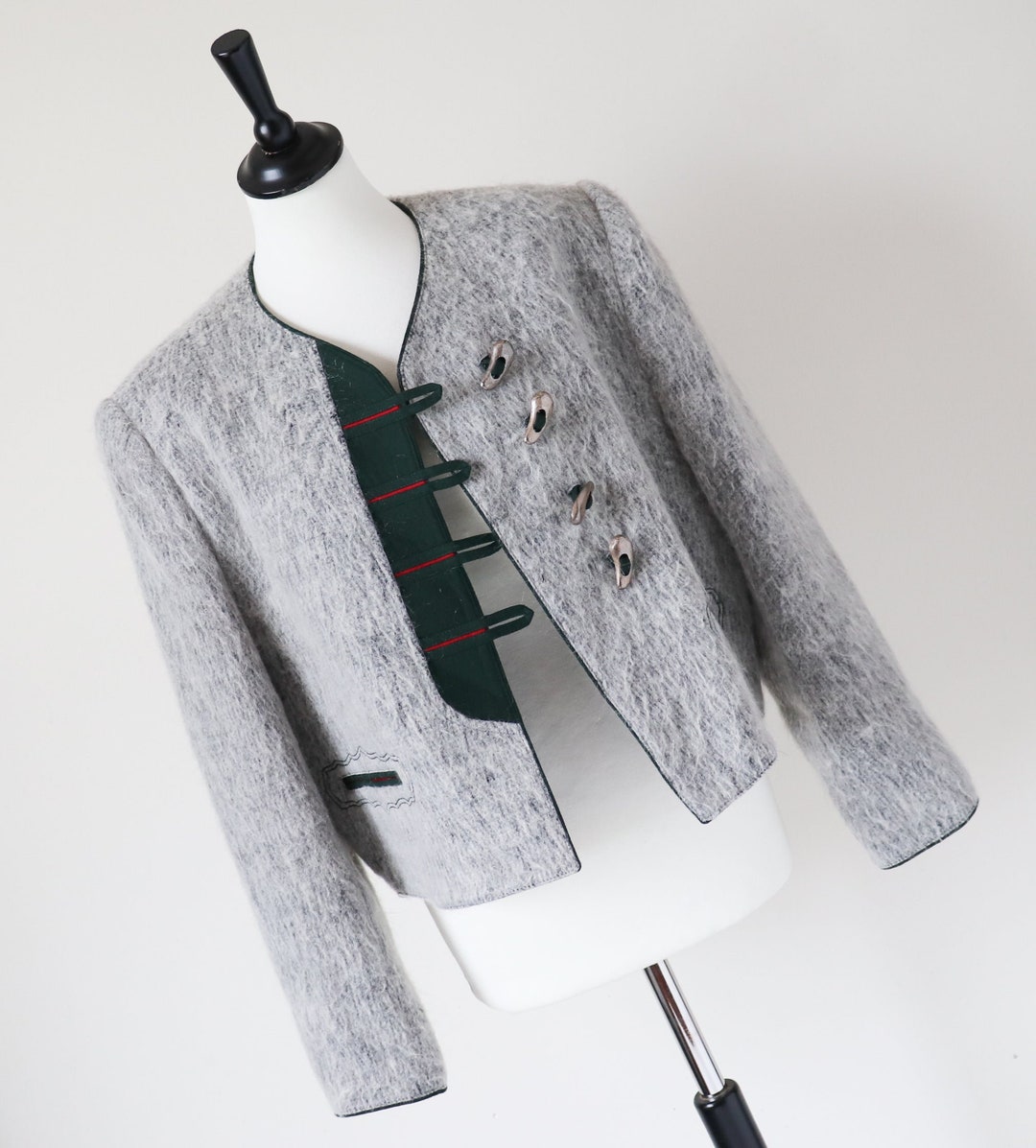 Vintage Tirol Trachtenjacke Pelzige Graue Wollmischung Fit L