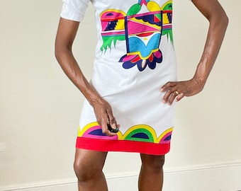 1980s Oceano T-Shirt Dress - White Cotton - S / M - UK 10 / 12