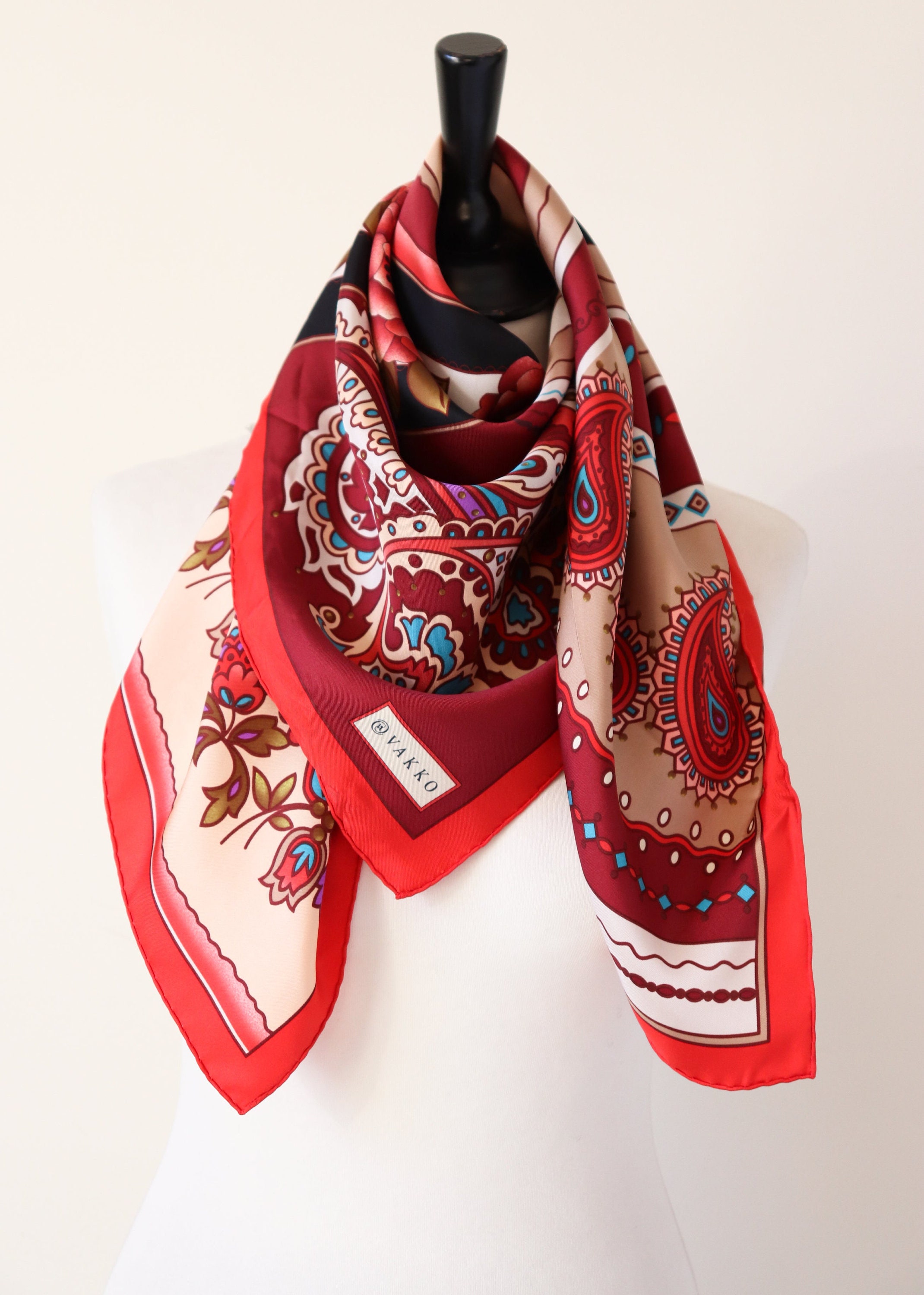 VAKKOヴァッコ シルク フラワーパターン スカーフ Vakko Silk Scarf - Red Floral / Paisley Peasant Print - 90 X
