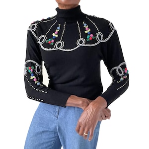 Vintage Wolle Schwarzer Pullover - 1940er Jahre Stil Form / Stickerei - Kurz - S / UK 10