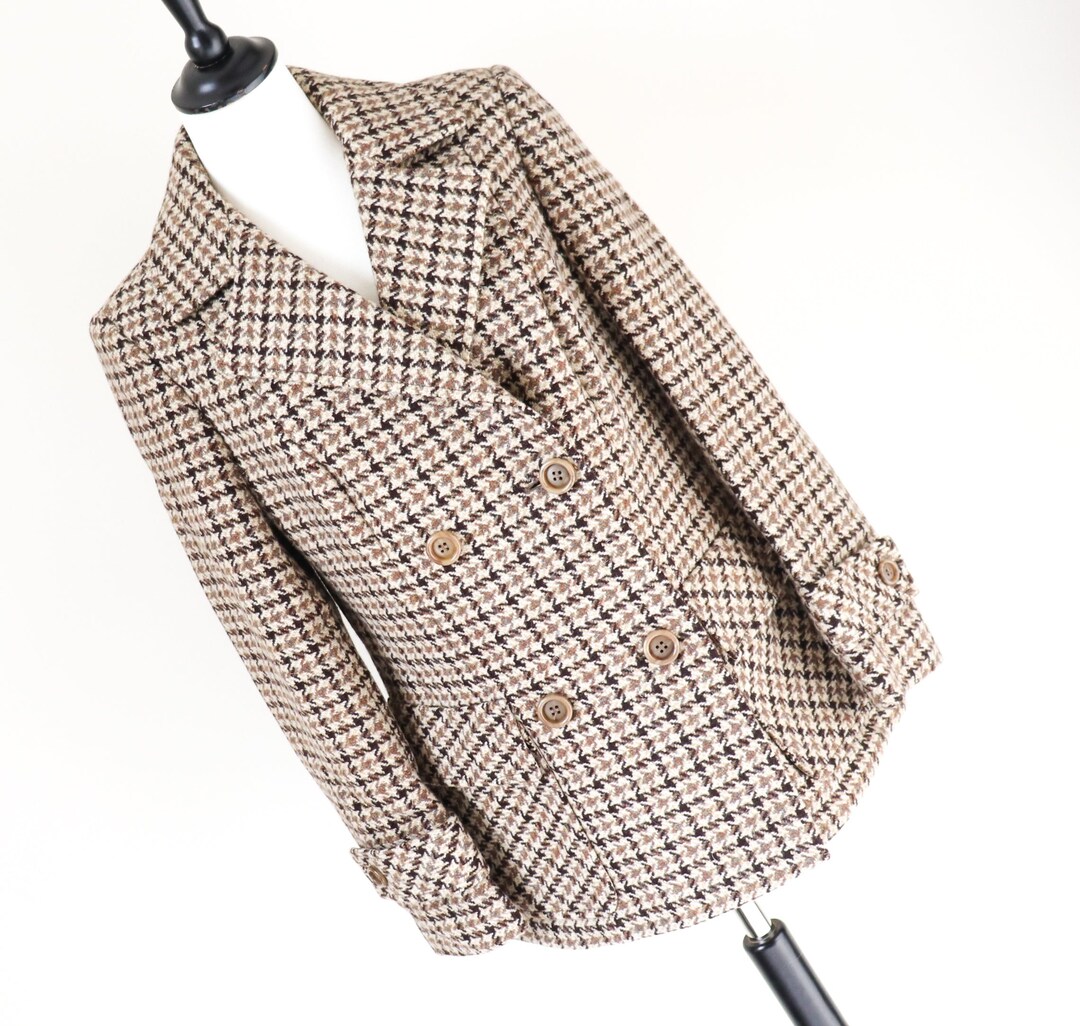 Heavy Pea Coat Jacket Brown / Beige Check Wool Vintage M / UK 12 - Etsy