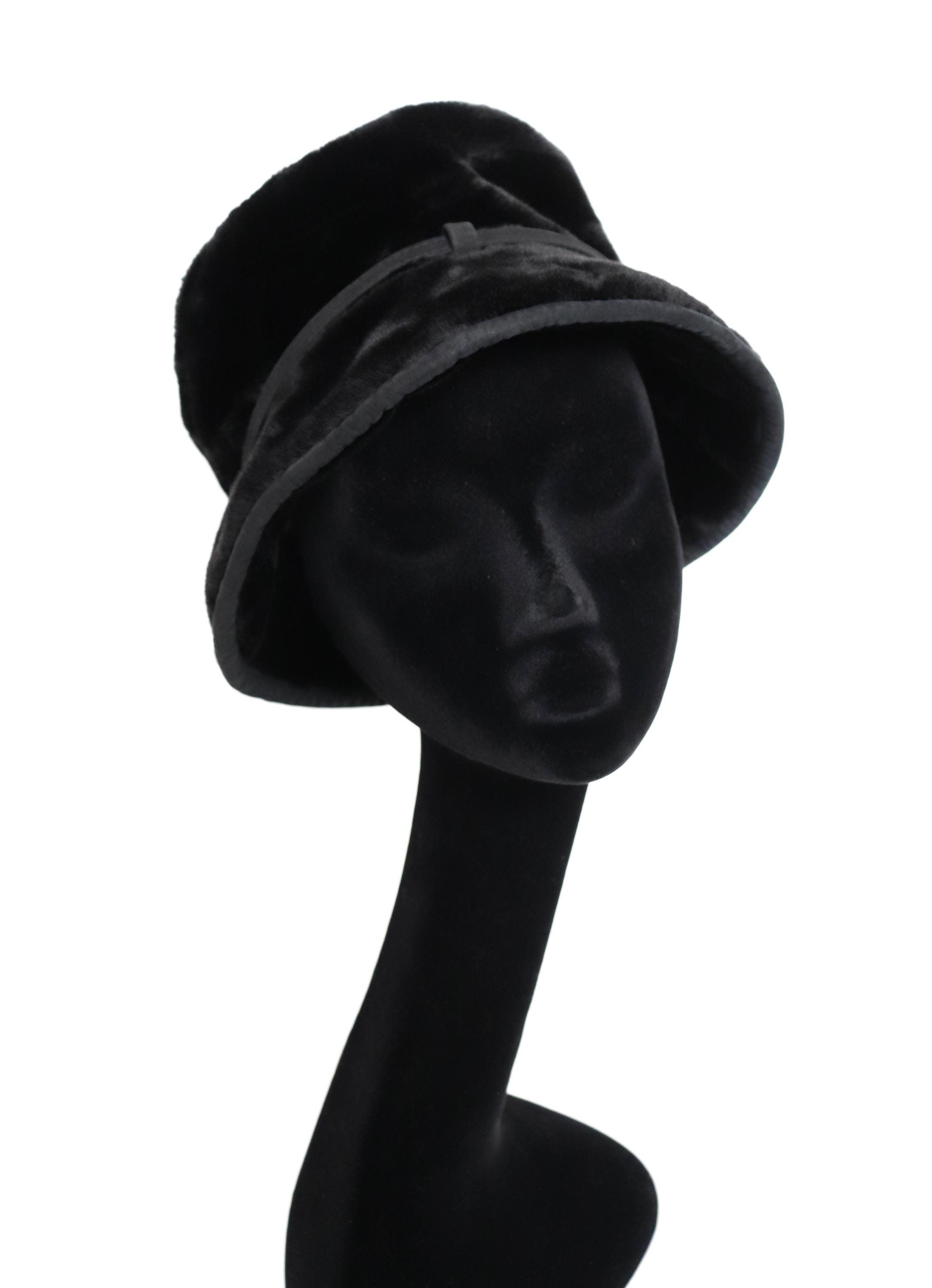 Gilly Forge Black Faux Fur Cloche / Bucket Hat - Leather Trim