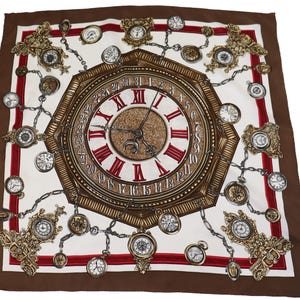 May include: Square silk scarf featuring a clock face design. The central clock has Roman numerals and a brown and gold frame. Smaller pocket watches are connected by chains around the edge. The scarf has a white background with a brown border and red accents.