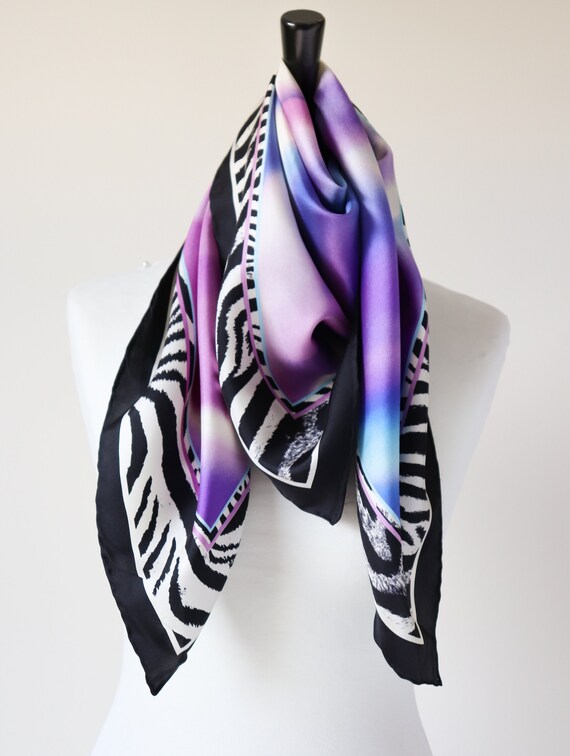 Vintage Silk Scarf - Zebra Print / Purple - LARGE - image 2