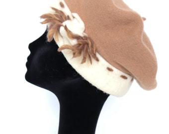 Vintage Wool Crown Beret - Camel Brown / Cream - S / M