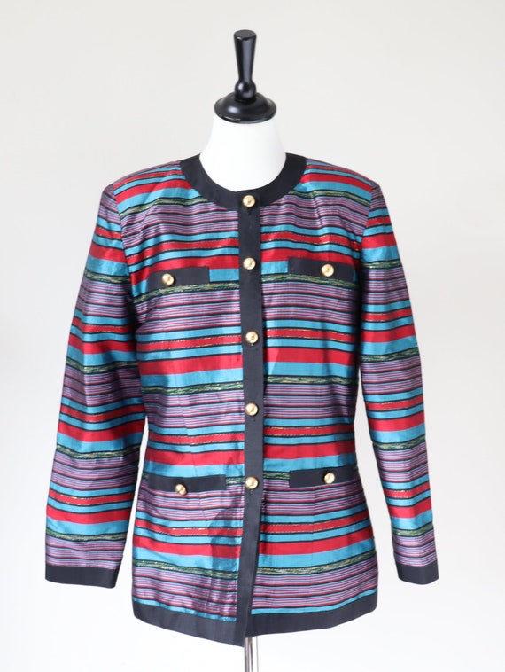 100% Silk Striped Evening Jacket - Red / Turquois… - image 1