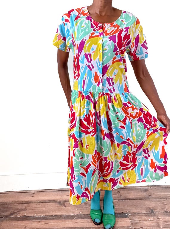 Vintage Monsoon Summer Drop Waist Cotton Dress - 1980s - Fit S / UK 10