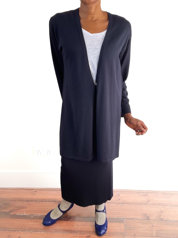 Jean Muir, Jean Muir x Telegraph Cardigan / Midi Skirt Suit- Blue Wool - Fit UK 12 / 14