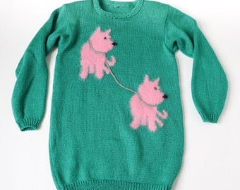 Vintage Long Jumper - Green - Pink Terrier Dogs - Hand Knit - Punk Style - M / UK 12