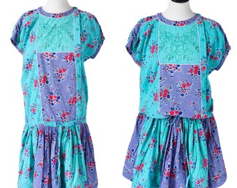 Rene Derhey Vintage Cotton Dress - Drop Waist - Summer Floral - S / UK 10