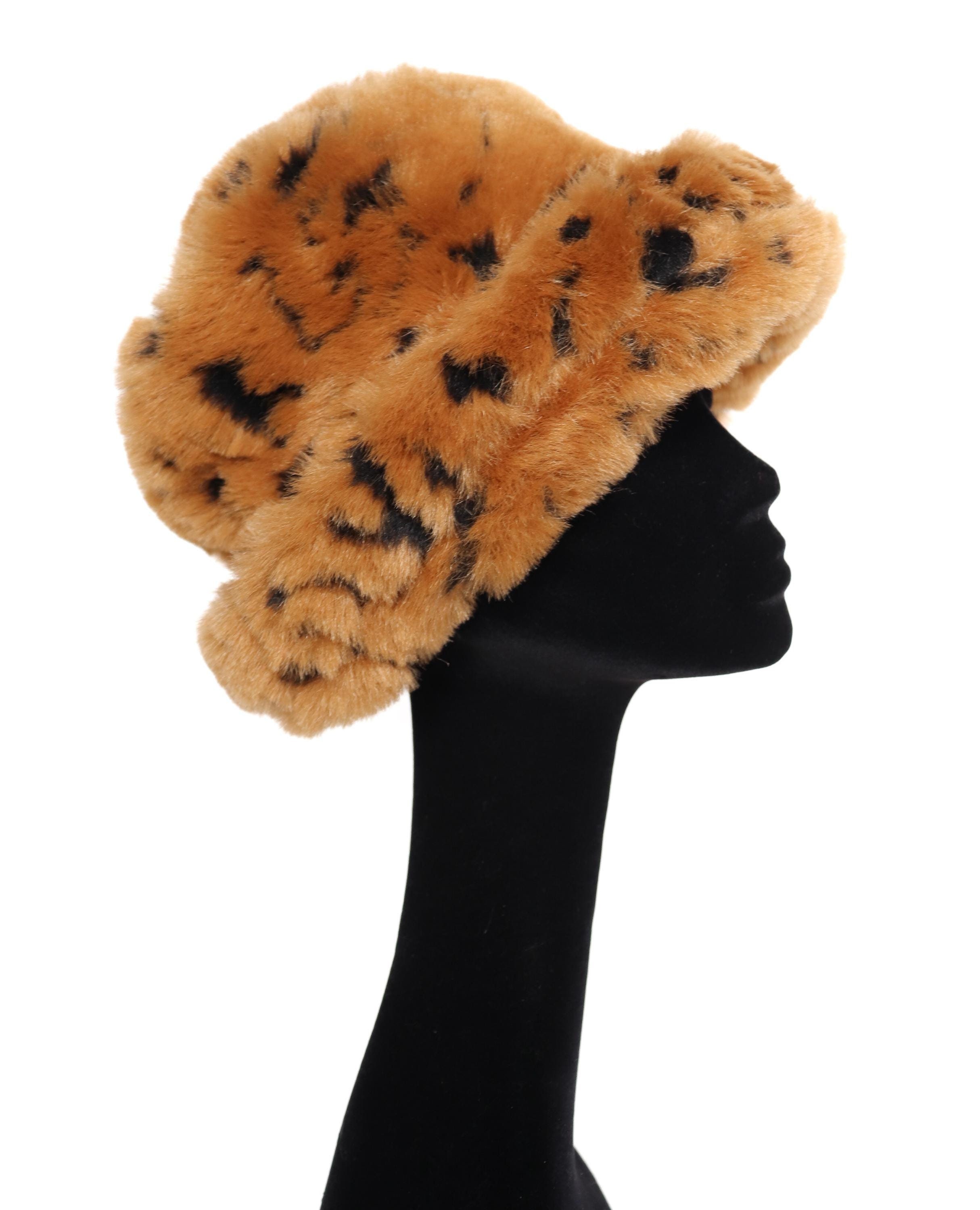 Vintage Fall Wool Brown Hat w/Animal Faux Fur Print Trim Wolf Pattern Faux Fur Hat – Lamb Leather Top, Handmade  main image 3