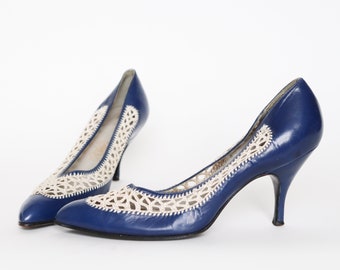 1950s Stiletto Court Shoes Leather / Mesh - Blue / Cream - Fit 38 / UK 5 Narrow