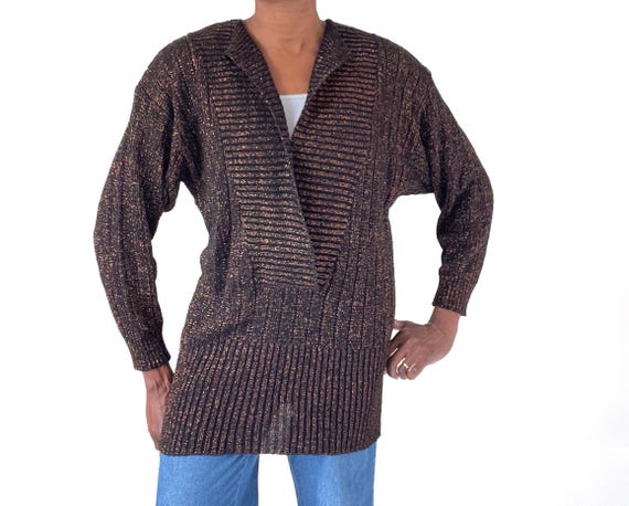 Langer Acryl Pullover 1980s Vintage Glitzer Schwarz Braun