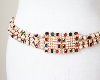 3 Strand Chain Belt - Pearl / Rhinestone Jewels ( Gold Tone ) - Small