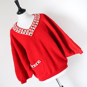 Vintage Pullover - Ballonärmel - Rote Wollmischung - V-Ausschnitt - M / L - UK 12 / 14