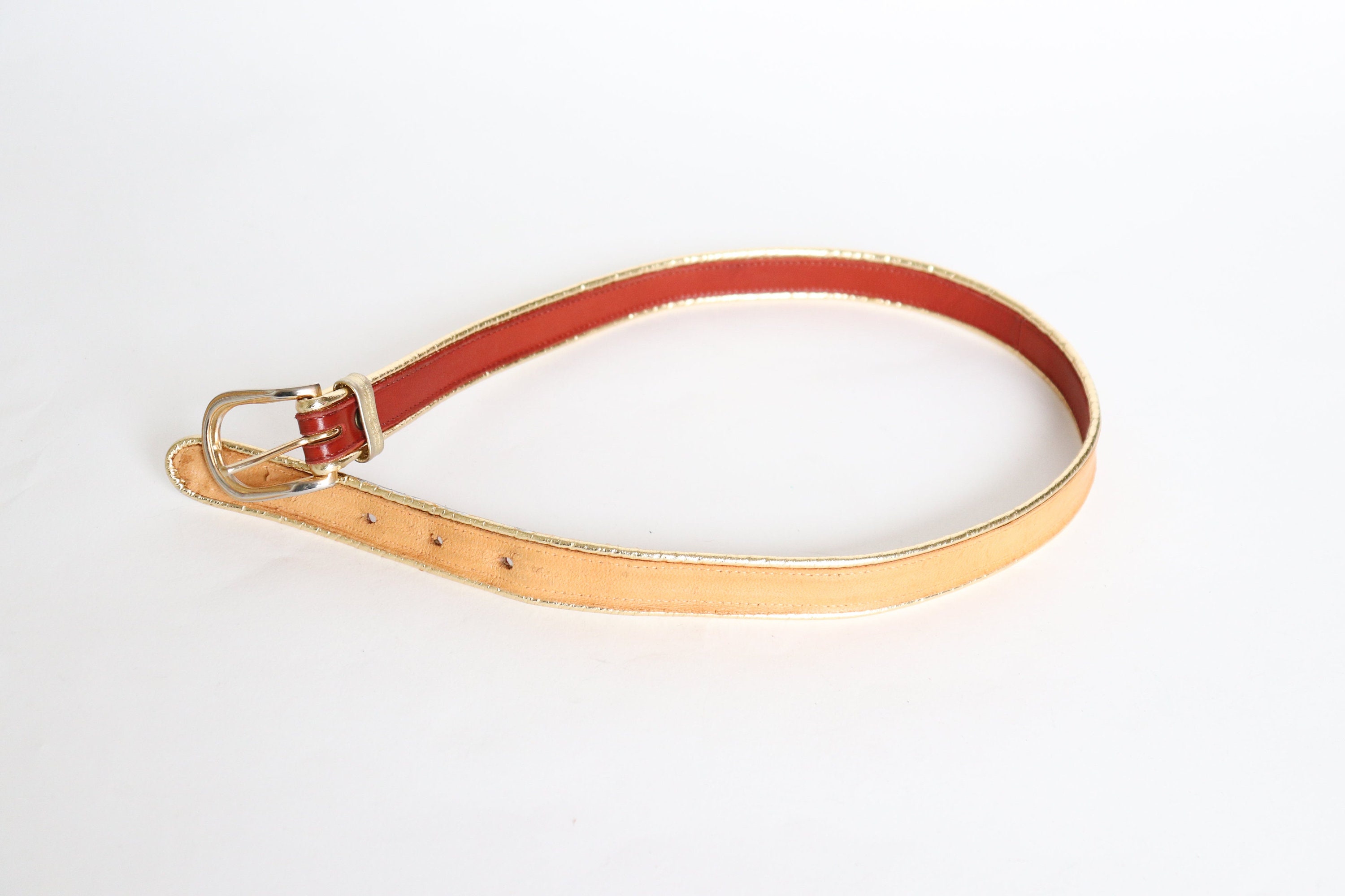 Tan Brown / Gold Leather Vintage Belt - Slim - Sepcoeur  display picture 3
