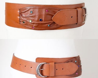 Wide Tan Brown Leather Vintage Belt - 1980s - Alexander - Small / Medium