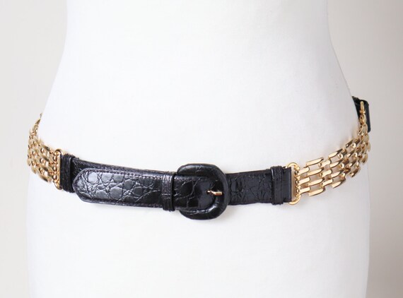 Black / Gilt Chain Belt - Leather / Metal - Vintage 1990s 
