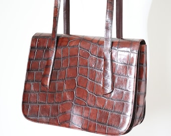 Hyde & Bros Shoulder Bag - Brown Croc Embossed Leather - Medium