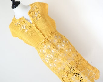 Crochet Knit Vintage Dress - Yellow - Fit S / UK 10