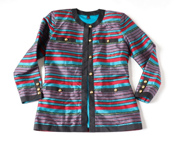 100% Silk Striped Evening Jacket - Red / Turquois… - image 3