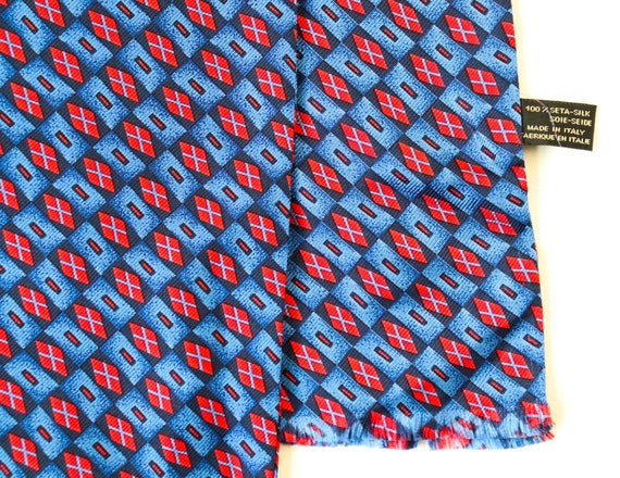 Mens Vintage Silk Scarf - Blue / Red Geometric Pr… - image 2