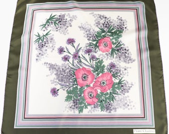 Pierre Charrier 1980s Vintage Silk Scarf - Green  / Pink - Floral  - Medium