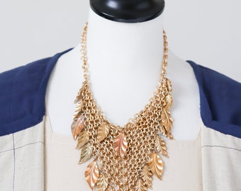 Vintage 1980s Leaf and Chainmail Bib Necklace - Gold - Large