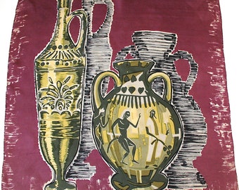 1950s brushstroke 'Vases and Vessels' print vintage silk scarf - Large