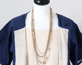 Vintage 1960s 5 Strand Necklace - Gilt Chain with Faux Pearls - Gold Tone