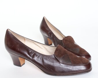 Vintage 1980s Heel Loafers - Brown Leather - 1940s style - Fit 39 / UK 6