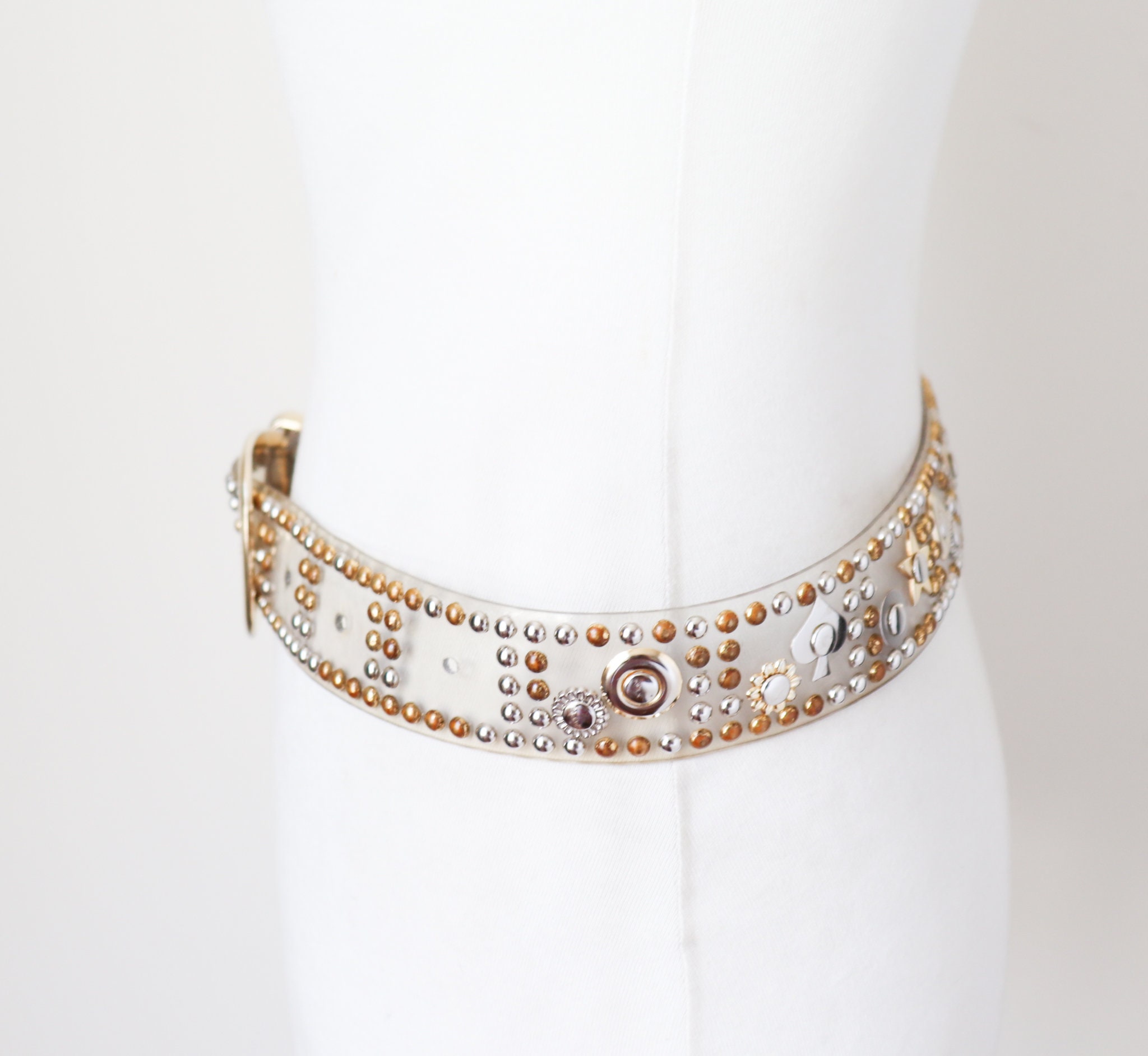 Vintage Clear Plastic Studded Belt Gold Tone Hardware Cross Embellishments Black Leather Studded Belts for Women for sale | eBay main image 4