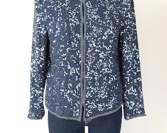 Sequin Collarless Vintage Jacket - Dark Blue - Scala - Silk Lining - M / UK 12