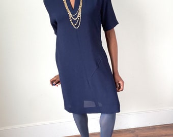 Jean Muir Vintage Shift Dress - Dark Blue Crepe - Label 12 ( Fit L / UK 14)