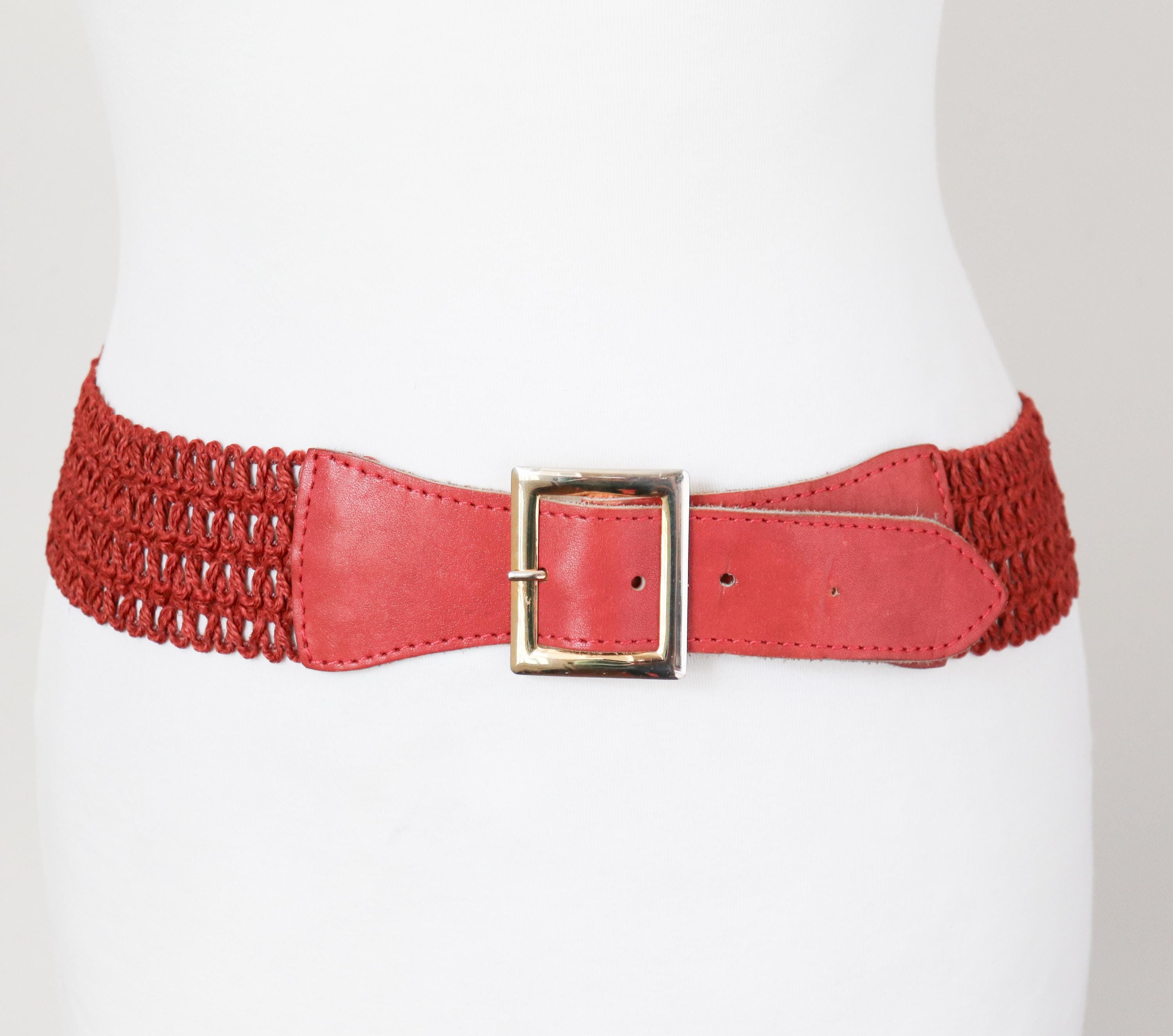 1980s Stretchy Vintage Belt - Red Leather / Raffia - M / L  display picture 2