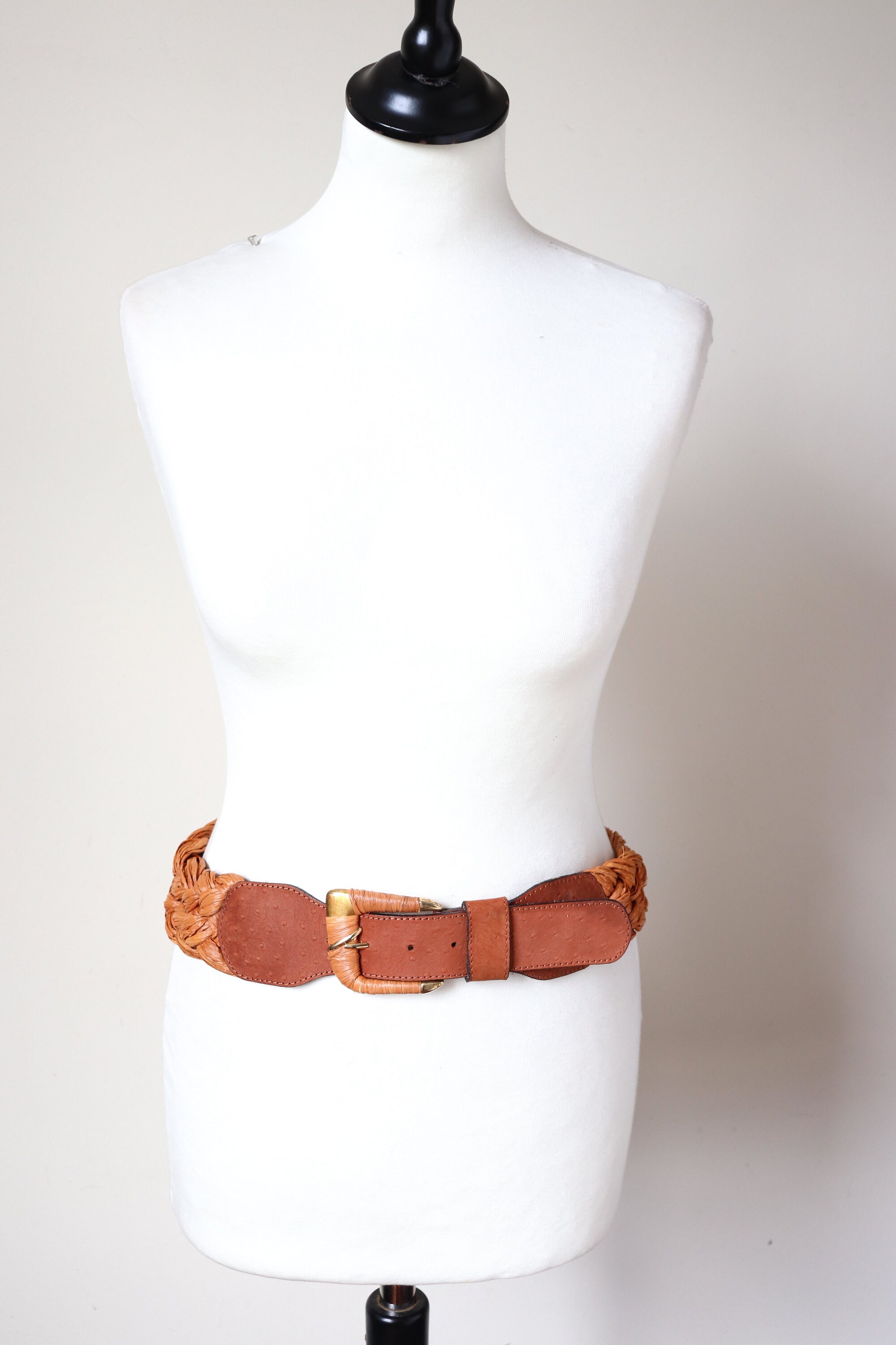 Unique Classic Tan and Brown Leather detail Belt with Raphia Woven Design Roxella Leather Belt in Brown Tan | RIXO ⋆ main image 4