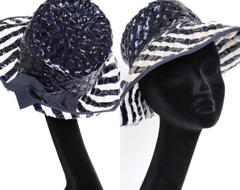 Vintage 1960s Wide Brim Hat - Blue / White Woven FAUX RAFFIA - X Large