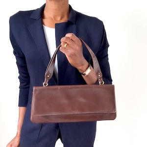 Vintage 1960s Lange Schultertasche Handtasche - Braunes Leder - Medium
