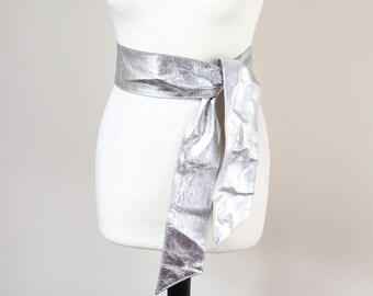 Vintage Silver Leather Belt Tie - 1980s - M / L