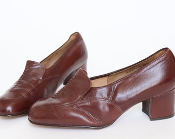 SPIESS Vintage Heel Loafers - Brown Leather - 1970s - Fit 39.5 / UK 6.5