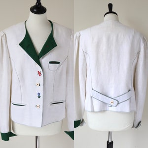 Tirol Trachten Jacket - Vintage 1980s - Ivory Cream Linen - Perry - L / UK 14