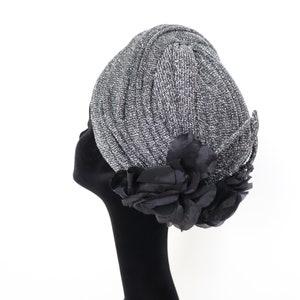 Mitzi Lorenz Vintage 1960s Turban Hut - Schwarz Silber Lurex - L
