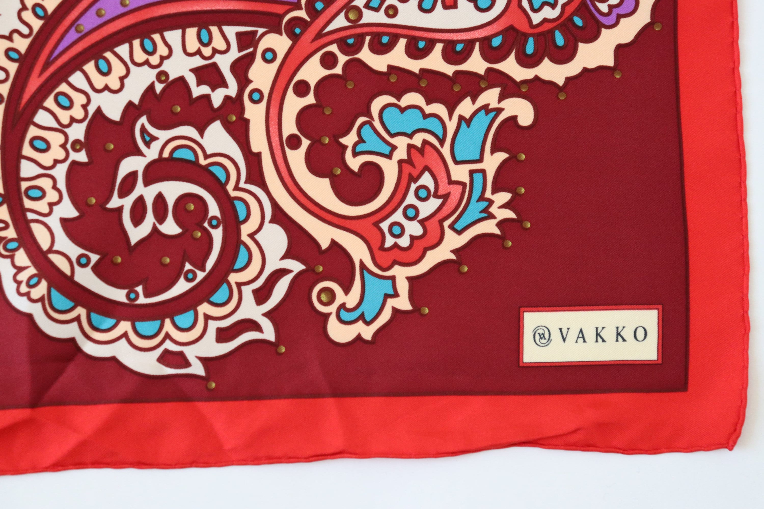 Vakko Silk Scarf - Red Floral / Paisley Peasant Print - 90 X