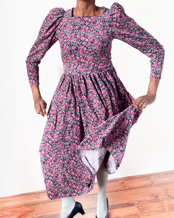 90’s Gray Floral Tie Back Maxi Dress Cottagecore by Laura Ashley