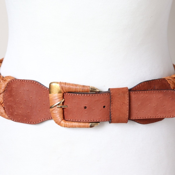 Raffia Woven Vintage Belt - Plaited - Tan Brown Leather - S/M