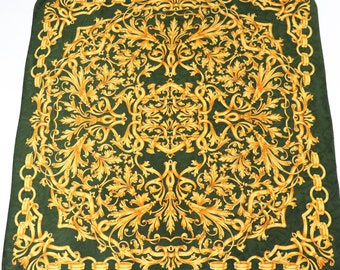 Green / Gold Vintage Silk Scarf - Baroque Style - LARGE