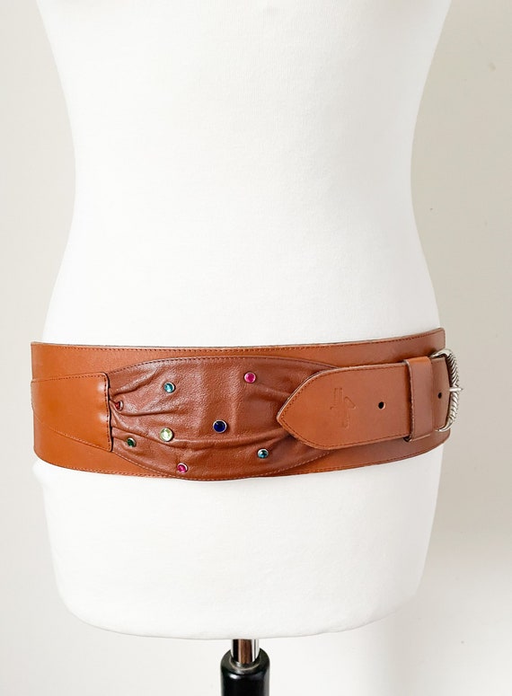 Wide Tan Brown Leather Vintage Belt - 1980s - Alexander