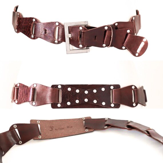 Leather Belt Woven / Looped - Brown -1970s Style - F by FRIIS - 90 cm - Large